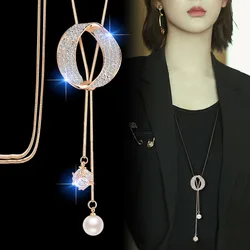 Fashion Rhinestone Oval Long Tassel Necklace Pendant 2025 New Sweater Chain Jewelry For Women Gift
