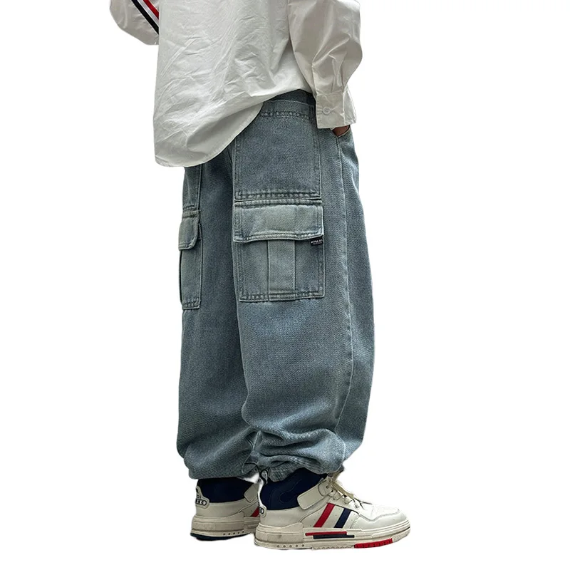 

Elegant Children Loose Fit Cargo Jeans with Back Pocket for Teenage Boys Casual Relaxed Denim Pants Kids Solid Blue Trousers