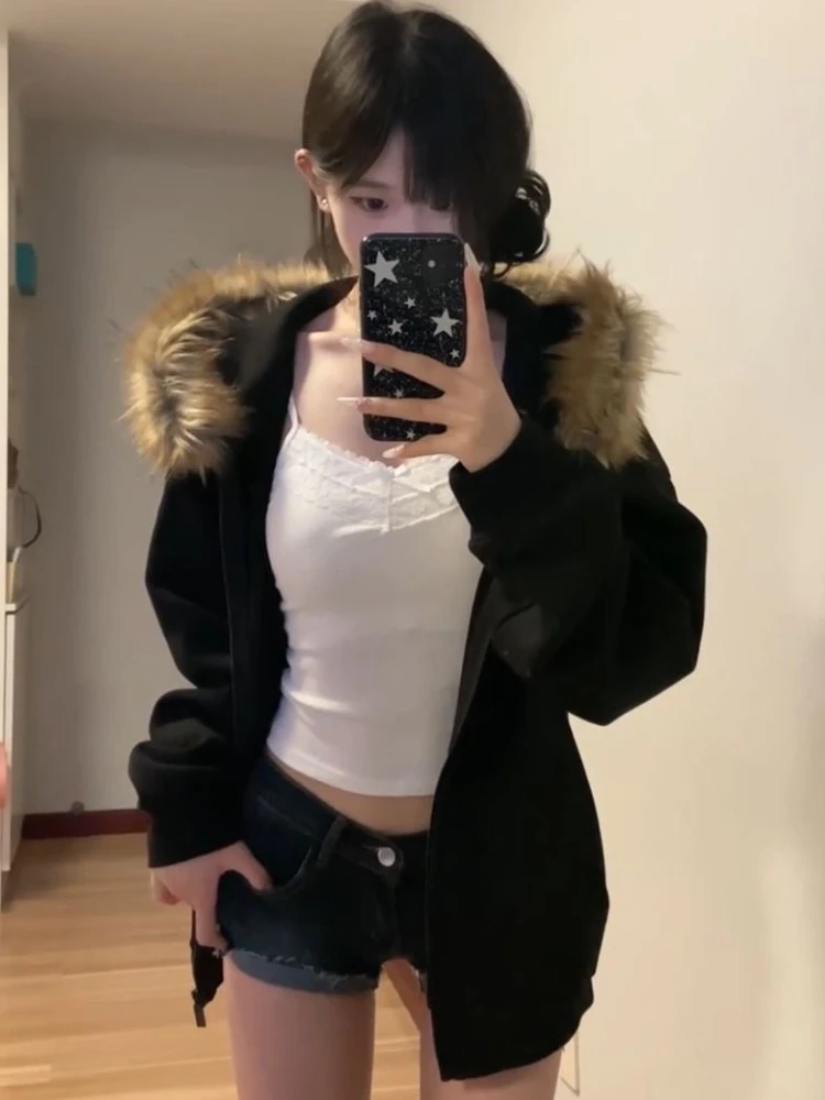 

Vintage American Women Zipper Cardigan Hooded Thick Long Sleeve Sweatshirt Street Wear Style Tops Solid Winter Fashion 2025 New