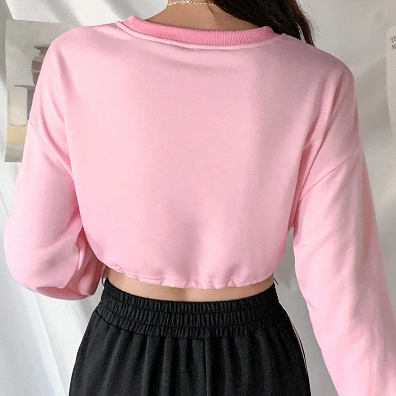 2024 Women Fashion Long Sleeve Sweet Pink Letter Embroidery All-Match Tops Female Fall Stylish Drawstring Crop Top for Ladies