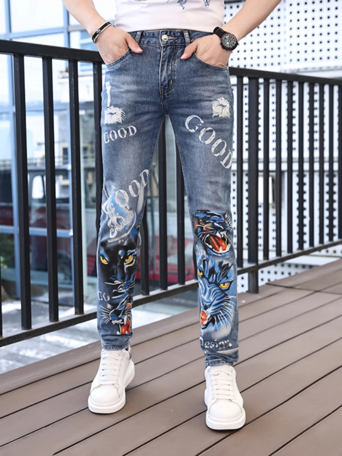 

Summer Men's Slim Straight Jeans Personality Print Nightclub Popular High Street Casual Long Trousers Fashionable Cotton Stre...