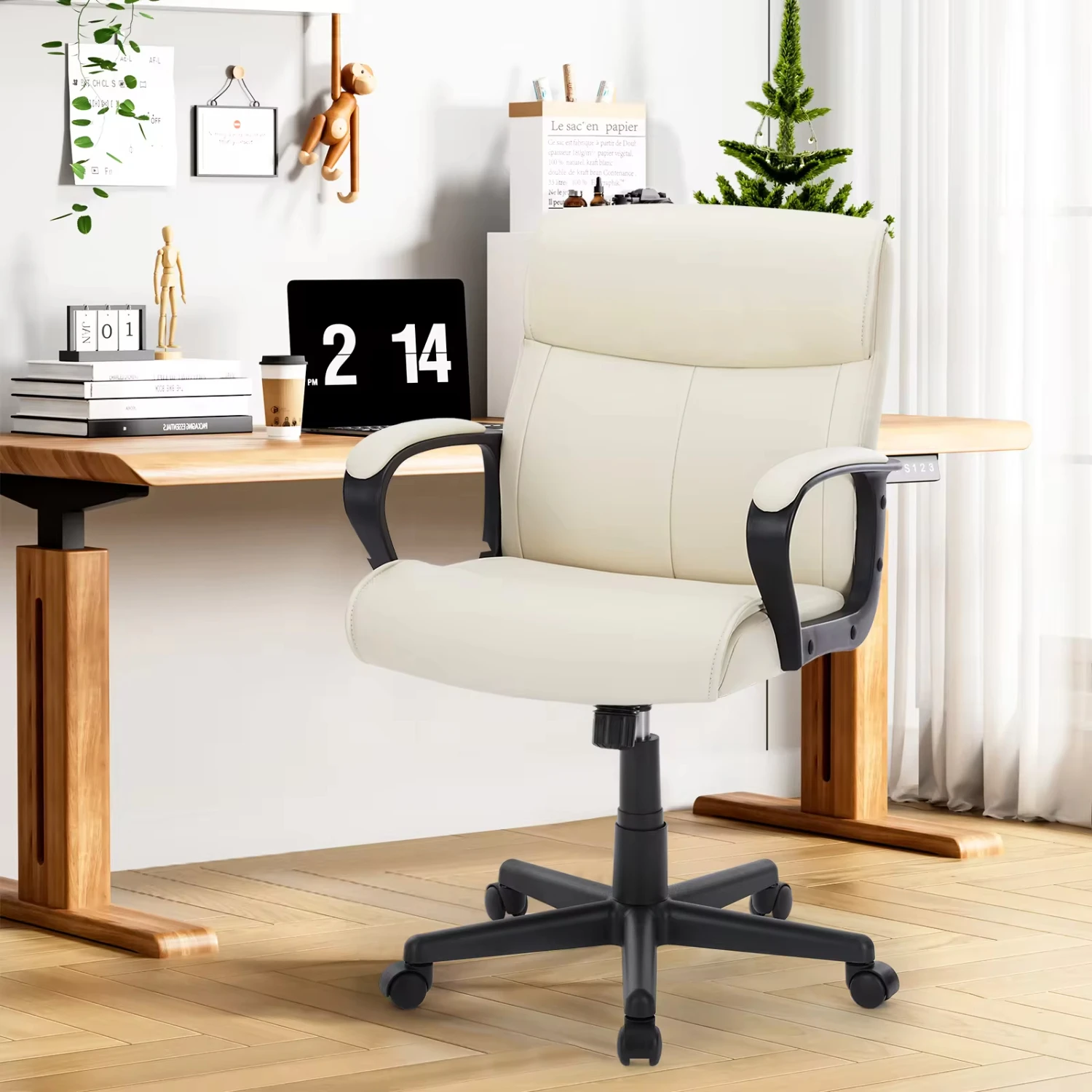 

PU Leather Ergonomic Padded Armrest Office Chairs Adjustable Height Rolling Swivel Wheel With Lumbar Support Office