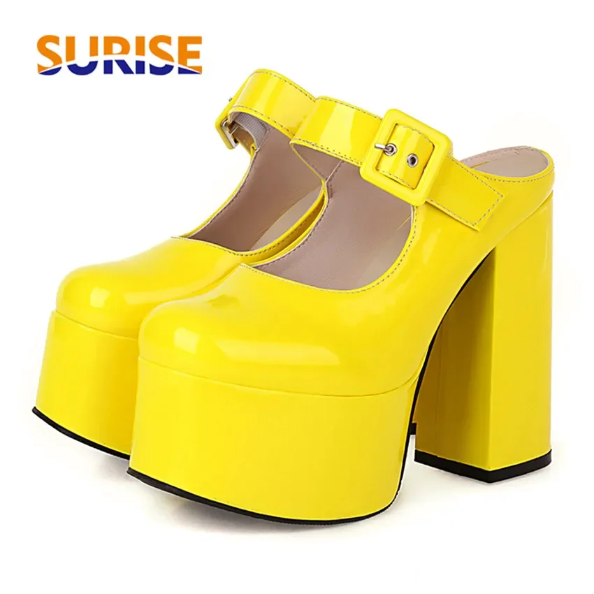 Summer Women Platform Sandals Black Yellow Patent Leather High Block Heels Mule Sexy Party Lady Buckle Strap Square Toe Slippers