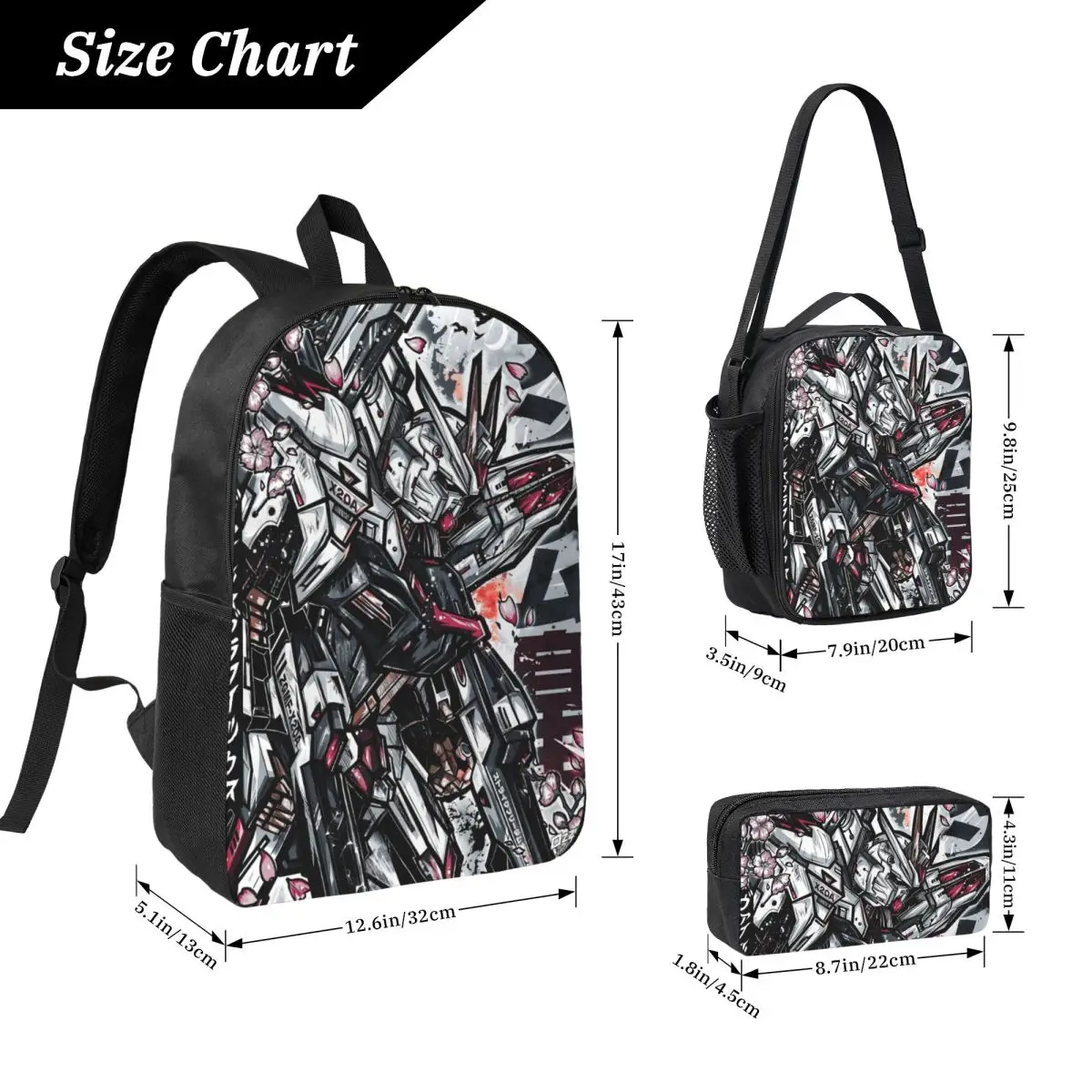 3Pcs Mobile Suit Gundams merch Backpack Set for Children Pen Bags Bookbag Sets with Lunch Box For School Students Daypack