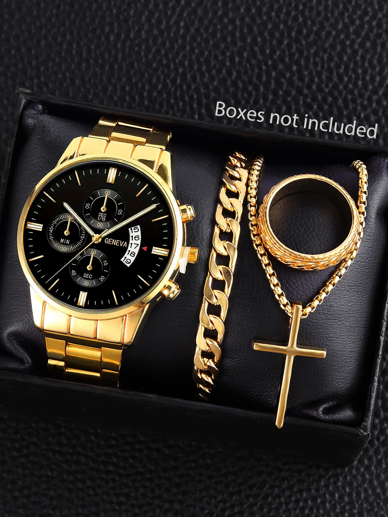 Модные мужские кварцевые часы с ремешком и календарем с браслетом и ожерельем кольцо в комплекте вечерние gift