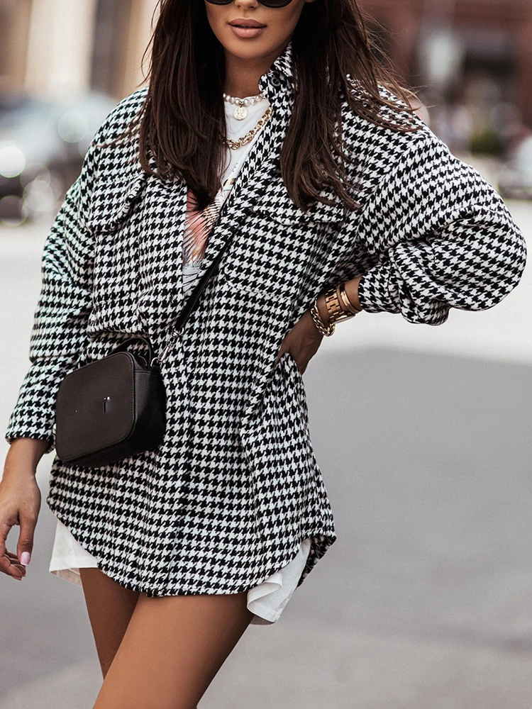 

Classic Black Houndstooth Women's Plaid Shirt Jacket Long Sleeve Fashion Woman Blouse 2023 Autumn Thick Loose Top Chic Outerwear