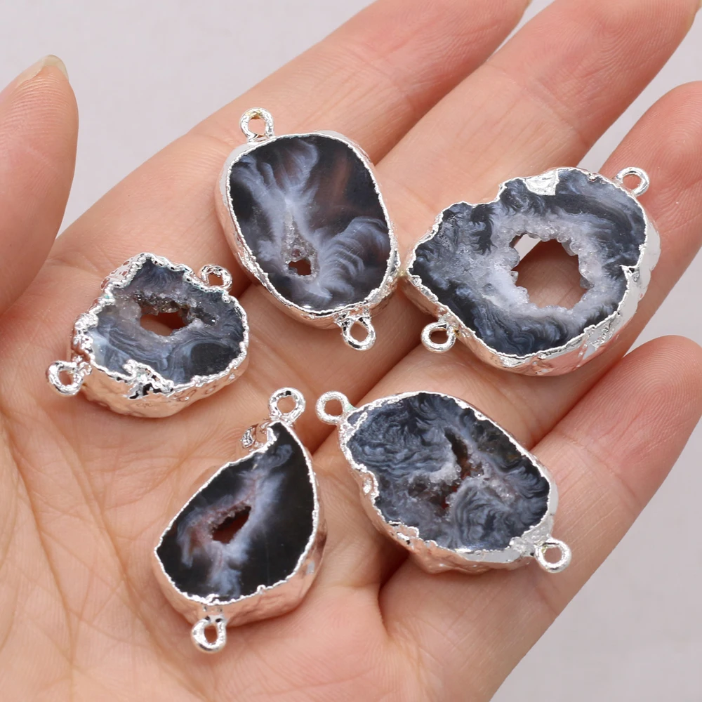 Pendentif en Pierre Naturelle d'Agate Noire et Grise, Connecteur Irrégulier, pour la Fabrication de Bijoux, Accessoire de Collier, Cadeau, Décor de ix