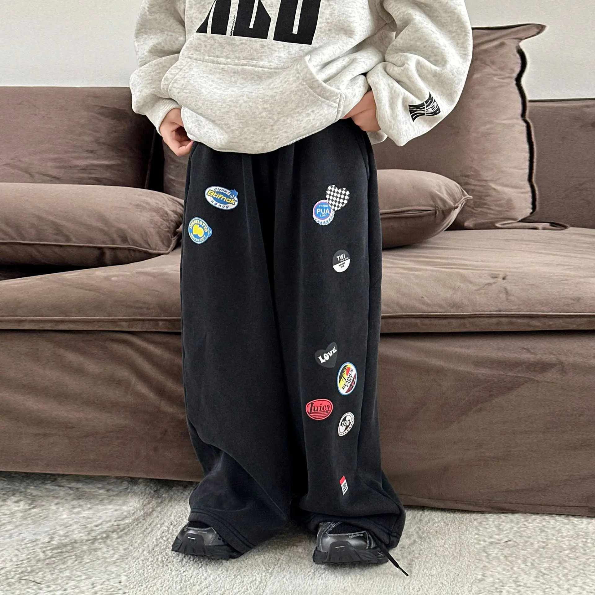 Boys' Plush Pants, American Jeans Autumn and Winter New Trend Brand Straight Tube Loose Fitting Children's Thick Pants
