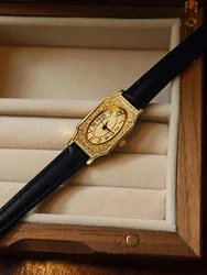 1 Piece of New Gold-Colored French Classic Retro-Style High-End Elegant and Delicate Women's Quartz Watch with Pu Leather Strap, Rectangular Engraved Dial with Arabic Numerals, Fashionable, Artistic, Casual, Simple, Niche Design, Charming Temperament, Suitable for Daily Wear and as a Birthday Gift