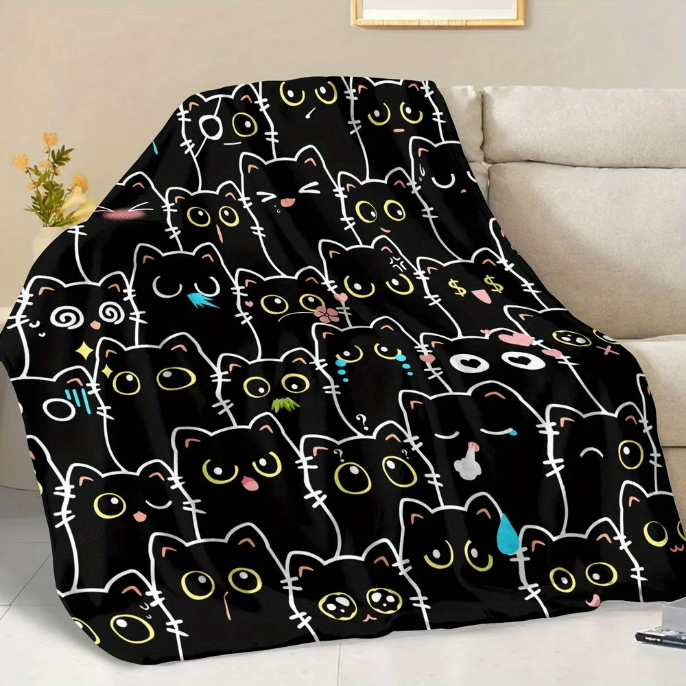 1pc Whimsical Black Cat Print Throw Blanket - Soft Polyester, All-Season Warmth for Living Room, Bedroom, Camping, and More - Ma