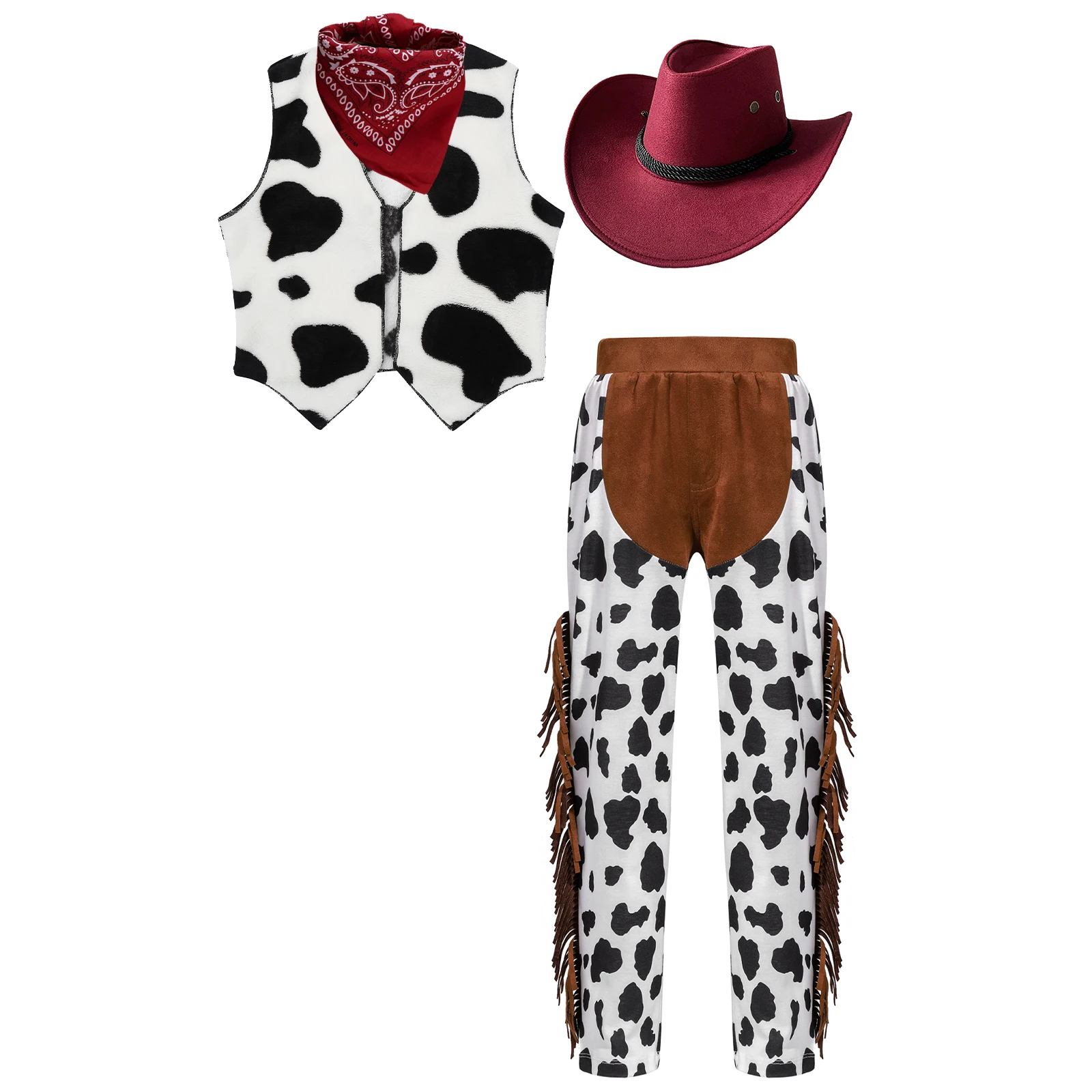 Cowboy Outfit Costume for Kids Boys Halloween Carnival Party Cow Print Vest Pants Hat And Bandanna Set Cowgirl Role Play Clothes