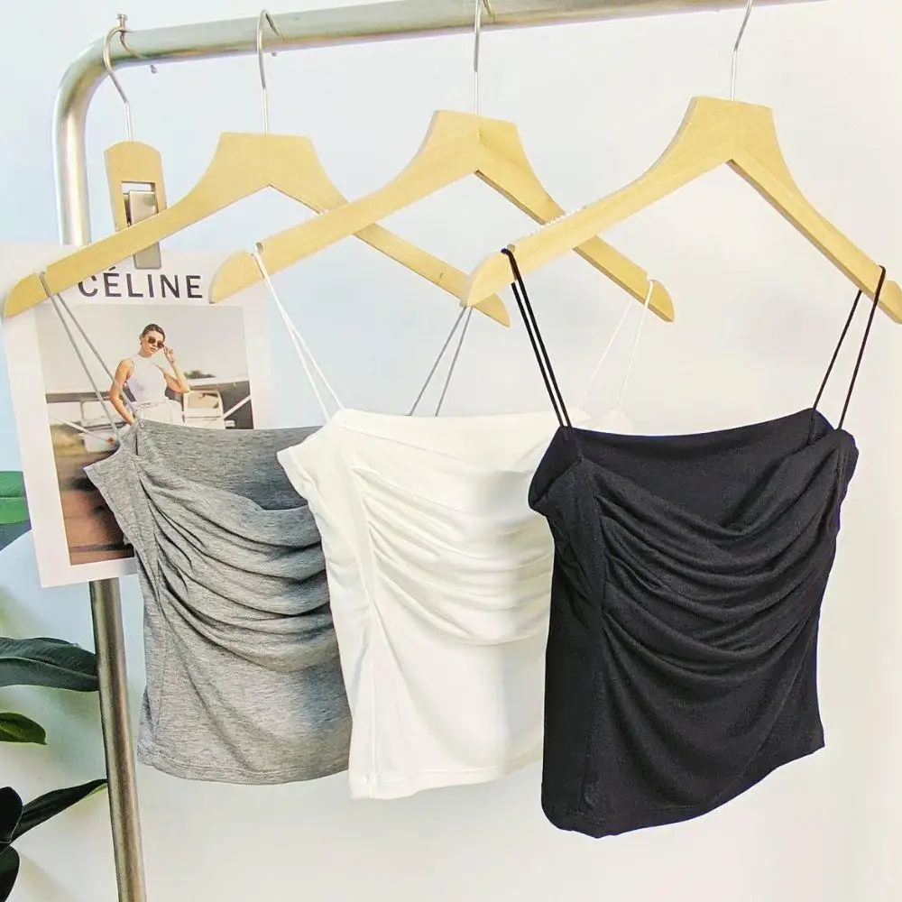 Letnie kamizelki Tank Topy damskie z wbudowanym biustonoszem Spaghetti Strap Tube Top Casual Woman Clothing Solid Color Cropped Top
