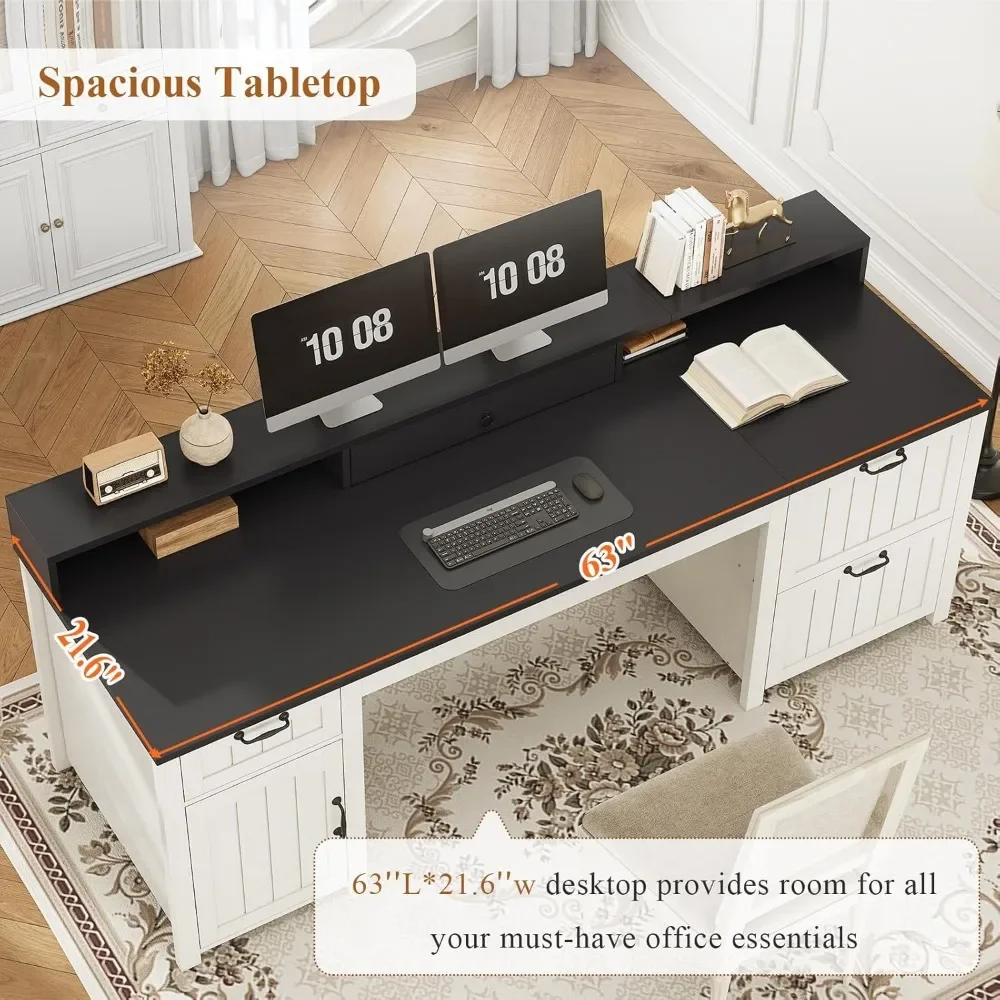 Farmhouse 63" Executive Desk, Home Office Desk with File Drawer and Monitor Stand, Computer Desk with Drawers and Storage Cabin