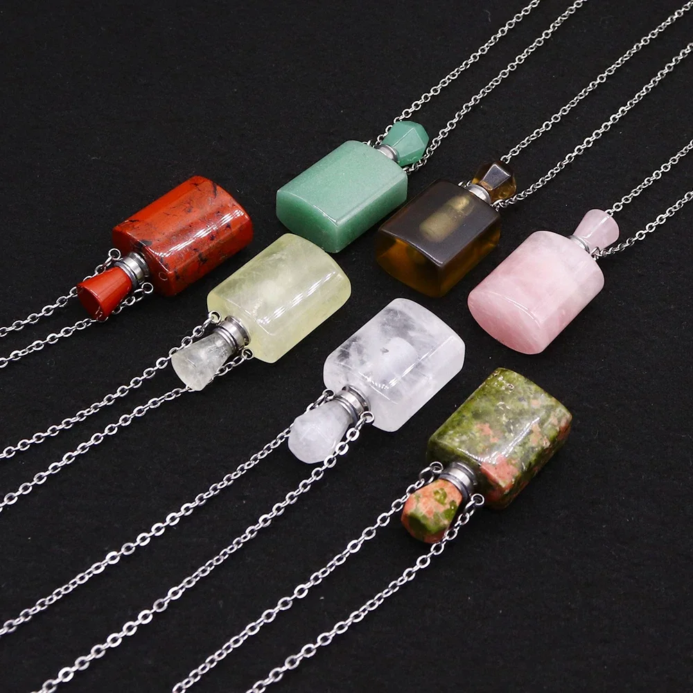 Rose Quartz Perfume Bottle Necklace Rectangular Crystal Geometric Smooth-Surface Essential Oil Bottle Pendant Necklace Wholesale