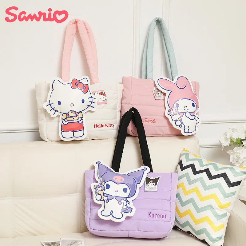 Anime Kawaii Sanrio Hello Kittys My Melody Gourmet Series Girls Shoulder Bag Three-dimensional Doll Down KT Tote Bag