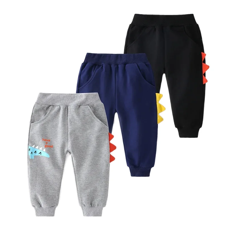 Kids Sports Cuffed Pants Spring Autumn Boys' Dinosaur Tooth Elastic Waist Joggers Casual Trousers, for Ages 3-8, 3 Color