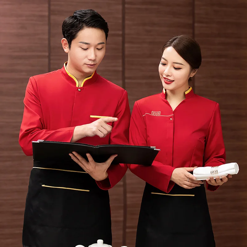 

New Waiter Workwear Long Sleeve Stand Collar Top Hotel Chinese Dining Hot Pot Restaurant Embroidery