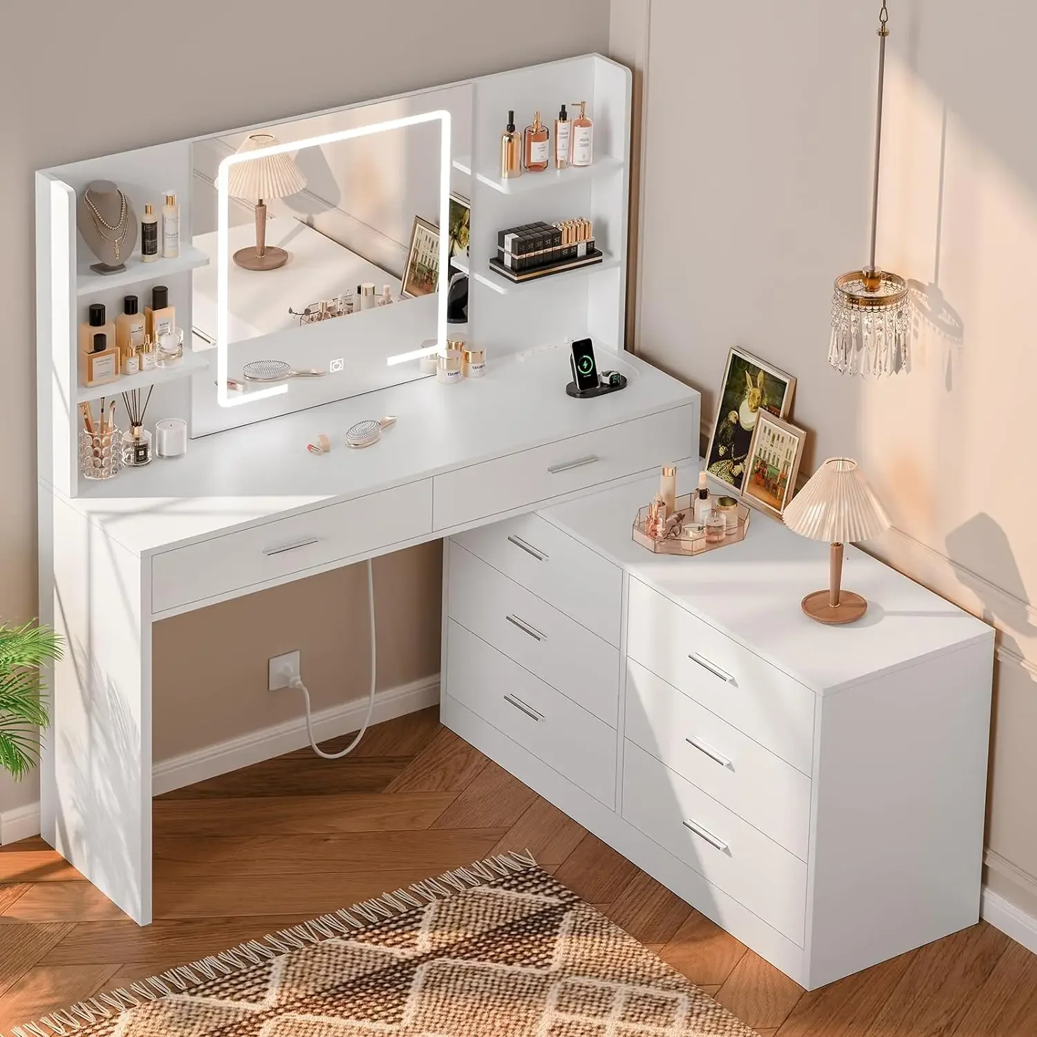 Vanity Desk with LED Lighted Mirror & Power Outlet, Modern Corner Makeup Vanity Table with 8 Drawers & Open Shelves Dressing