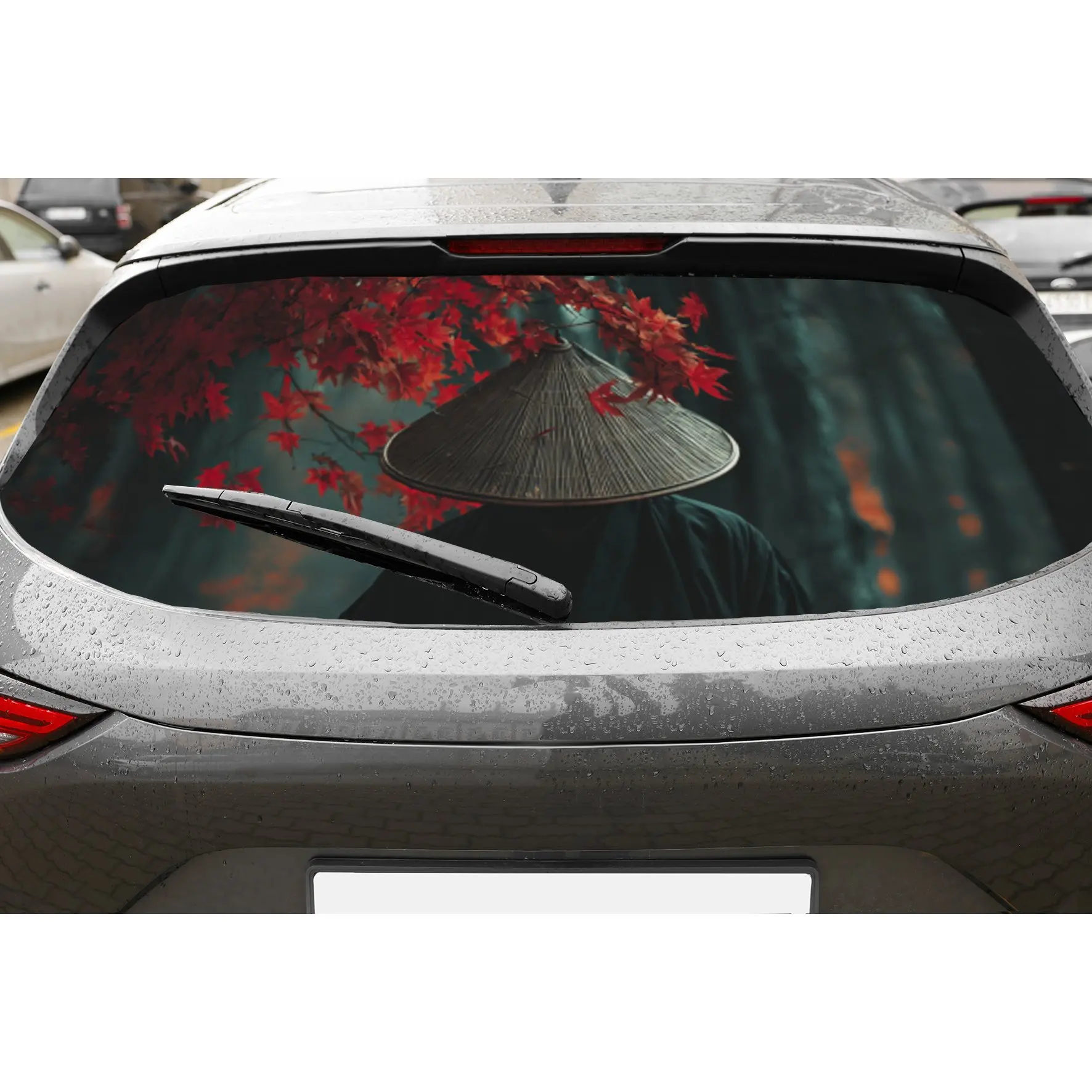 Quiet red maple leaf black warrior car rear window vinyl wraps sticker,auto art sticker,self-adhesive waterproof rear window dec