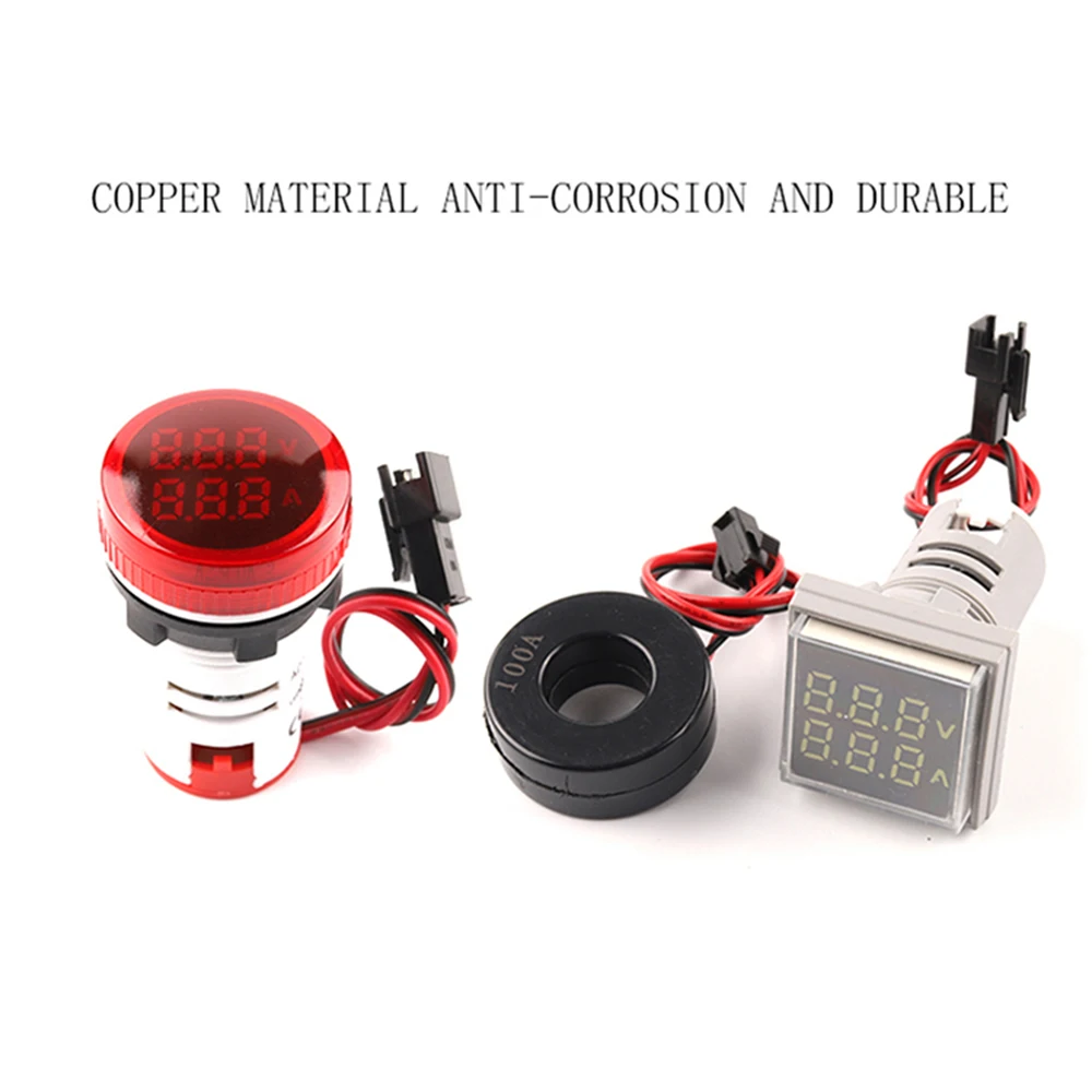 เครื่องวัดแรงดันไฟฟ้า AC 20-500V, เครื่องวัดแรงดันไฟฟ้า0-100A แอมมิเตอร์ดิจิทัลไฟนำร่องแสดงสถานะคู่ไฟ LED ทรงสี่เหลี่ยมกำลังไฟ22มม.