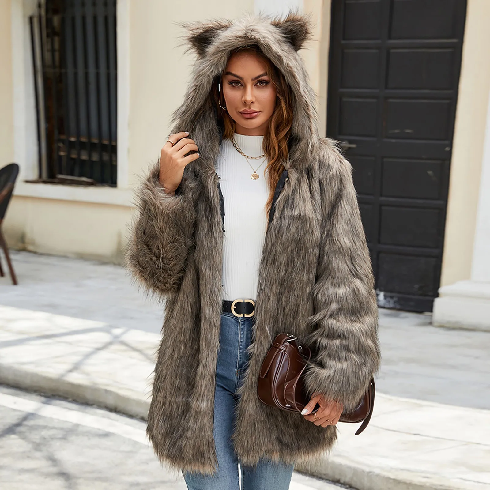 Faux Fur Winter Warm Shaggy Coat Fashion Casual Fuzzy Cat Ears Hooded Outerwear Women Plus Size Open Front Loose Fit Jacket