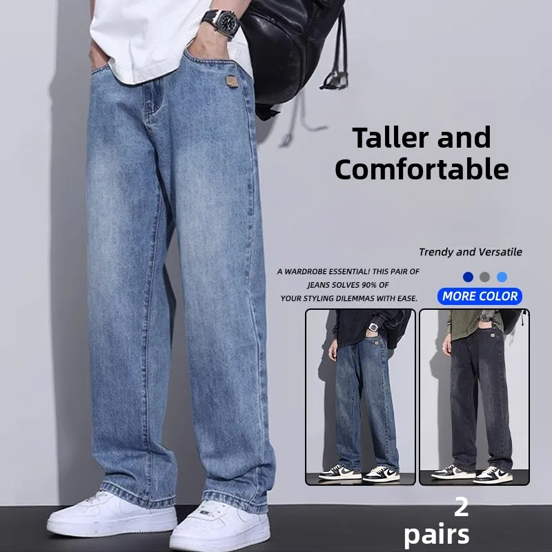 Retro Elastic Denim Jeans Loose Straight Men's Fashionable mid Waist Zipper Fly High Rise Effectiveness Men's Jeans