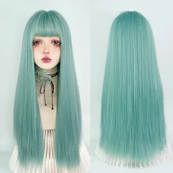 Vicwig Synthetische Lange Blauwgroene Rechte Vrouwen Pruik Met Pony Lolita Cosplay Pluizig Haar Pruik Voor Dagelijks Feest