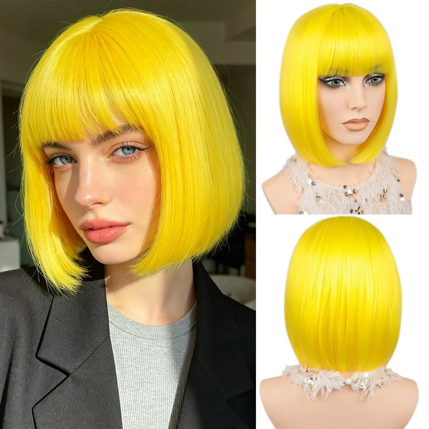 Short Bob Hairstyle Yellow Synthetic Wig - Halloween Party Cosplay Costume Wig - Daily High-Temperature Silk Hair Cap