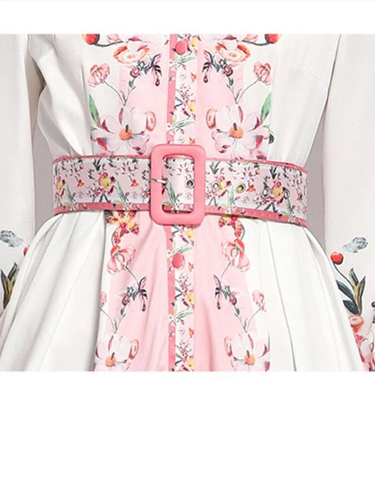 여성용 보호 꽃 드레스, 라펠 칼라, 긴팔, 꽃 프린트 파티, 해변 미디 드레스, 벨트 포함, 2023 용수철 가을