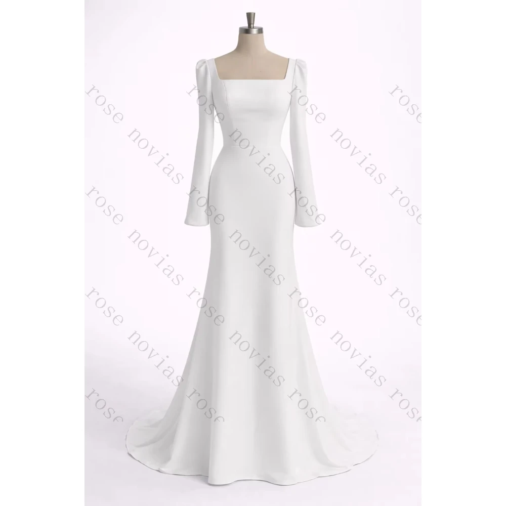 Customized Simple Square Neck Long Sleeves Satin Wedding Dress Backless Bubble Sleeve Mermaid Bridal Gown Suitable for Parties