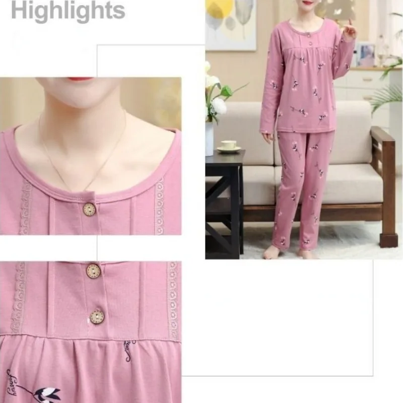 2023 New Middle Aged Women's Pure Cotton Pajamas Long Sleeved Loungewear Spring Autumn Thin Pullover Large Size Homewear Set