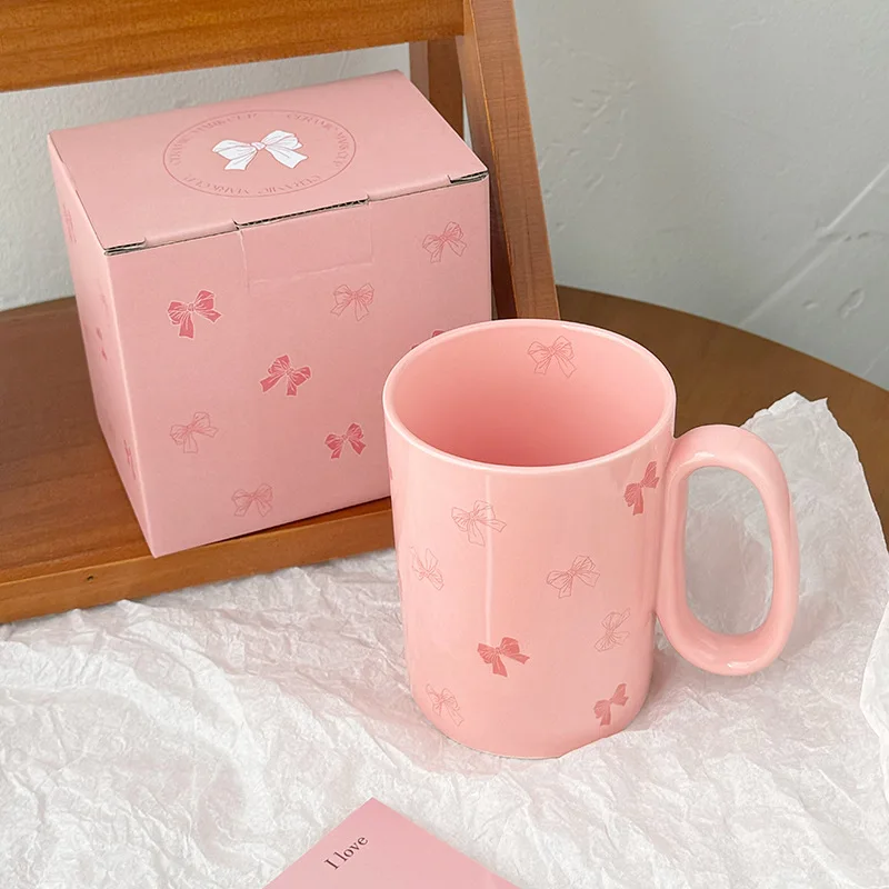 Taza de café de cerámica rosa de 450ml, taza de helado de lazo delicado, taza de café para el hogar, taza de postre de leche de desayuno, regalo de cumpleaños nuevo