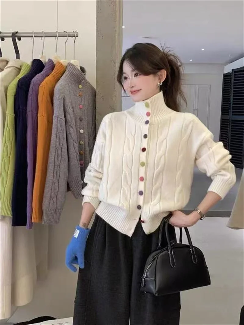 เสื้อสเวตเตอร์ไหมพรมถักทรงหลวมสไตล์เกาหลี  ติดกระดุม  สำหรับผู้หญิง  คอลเลคชั่นฤดูใบไม้ร่วง-ฤดูหนาว  รุ่นใหม่