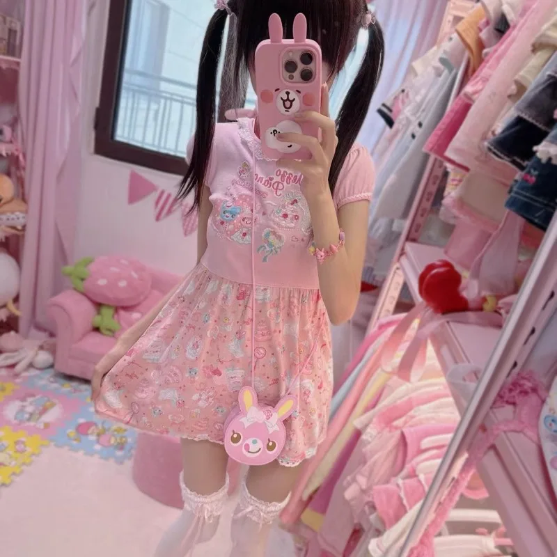 Femmes robe mince sous-culture japonaise Kawaii imprimé t-shirt jupe rose dentelle Patchwork robes courtes femme Harajuku mignon mini-jupe