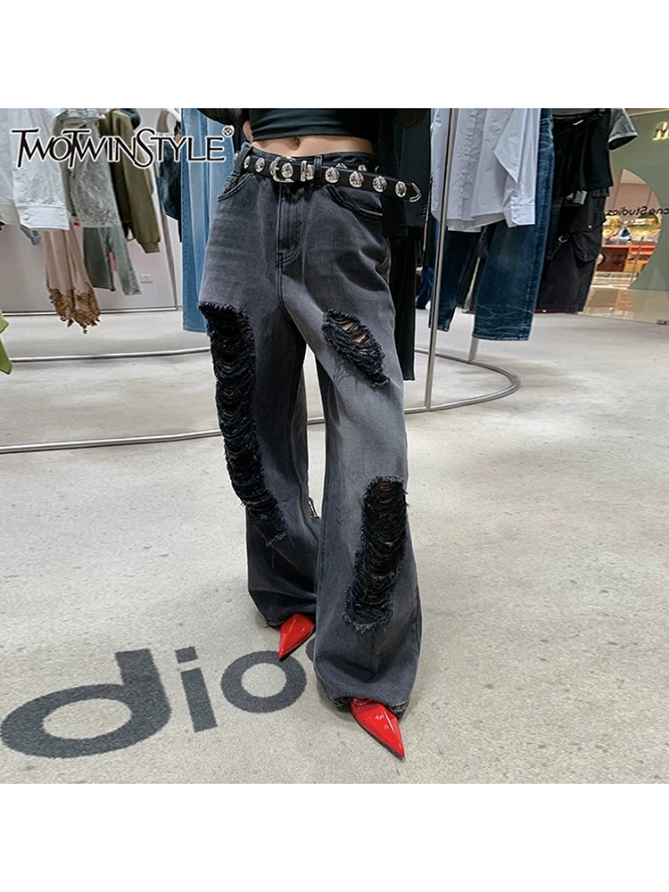 TWOTWINSTYLE Solid Hollow Out High Street Denim Pants For Women High Waist Patchwork Button Wide Leg Long Pants Female Fashion