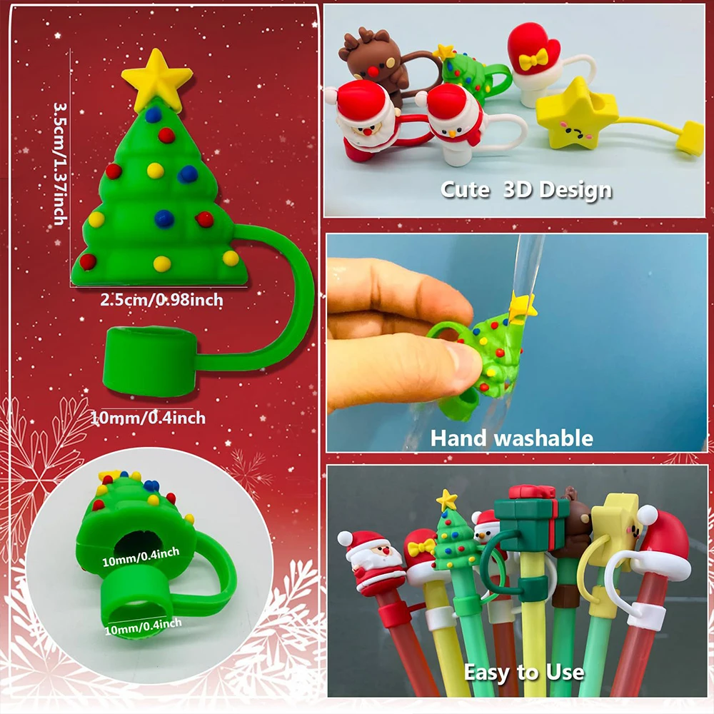 New 8Pcs 3D Cartoon Christmas Series Series Straw Covers For 10mm Dustproof Straw Topper Drinkware Plug Reusable DIY Party Decor