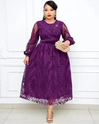 Dresses Women Flocking Double layer lace Embroidery Dresses 2024 New Lady Elegant Round Neck Lantern Sleeves A-Line Dress