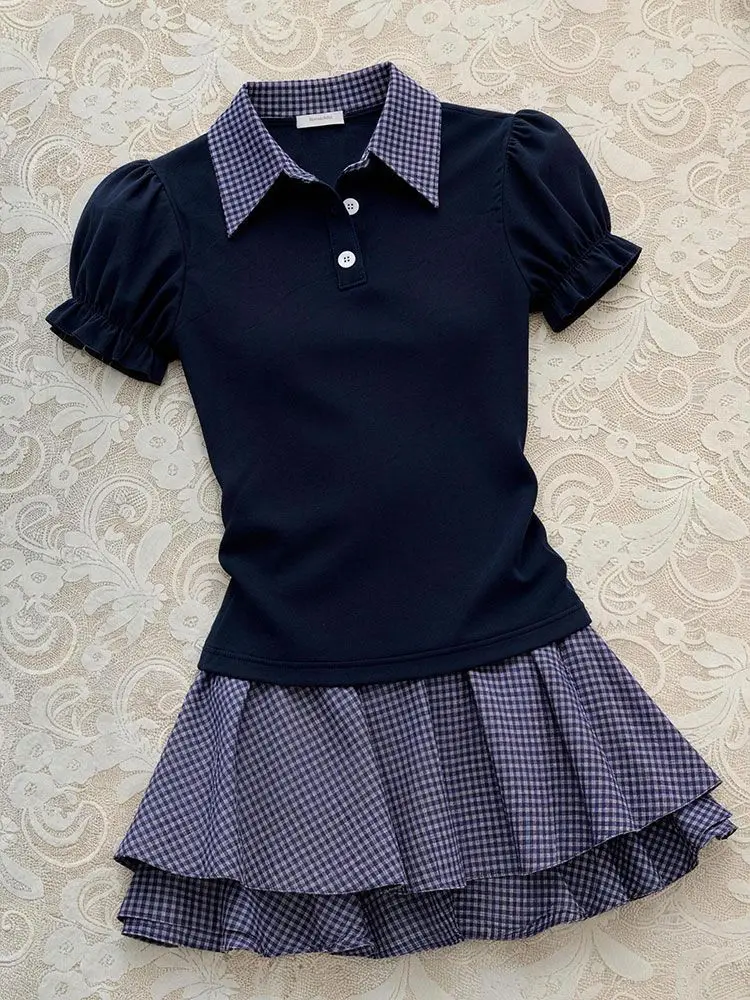 

Harajuku 2piece Set Vintage Polo Top+Short Skirt Women's Dress Slim Plaid South Korea Hot Girl Elegant Dresses Summer Grunge Emo