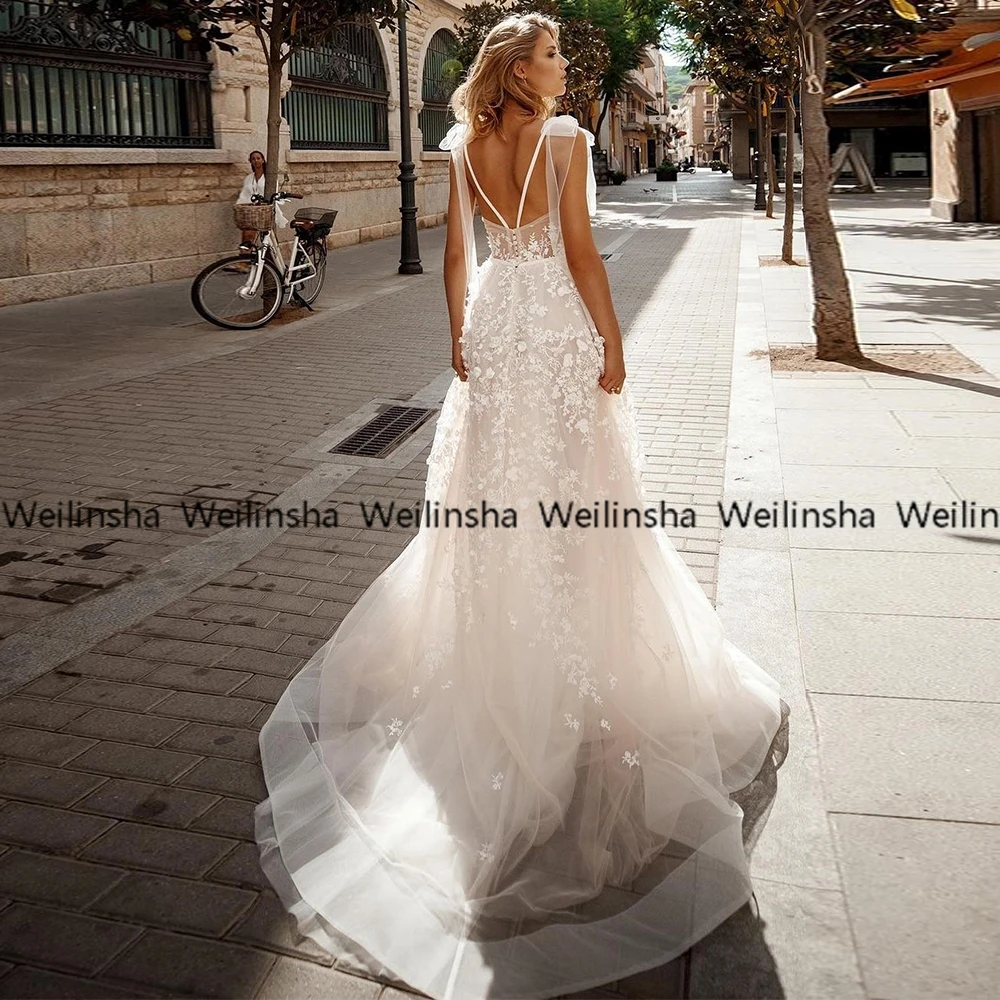 Weilinsha Elfenbein Hochzeit Kleider mit Organza Strand Frauen Kleid Neue Tiefe V Hals 3D Blume Brautkleider Robe De Mariée sleeveless