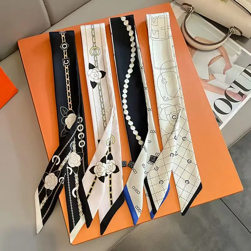 5*90cm French Elegant Black and White Tied Handle Bag Long Small Silk Scarf Women's Double-sided Twill Thin Ribbon Headband