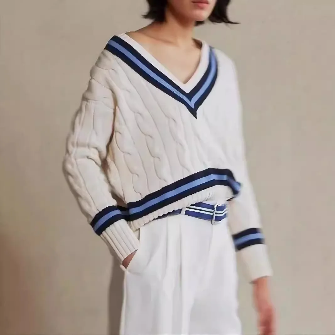 

Women Knit Sweaters Striped Thick Pullover Full Sleeve V Neck Casual Sweater Streetwear Elegant Lady Autumn Slight Strech