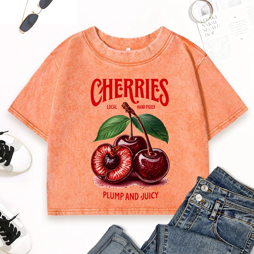 

Cherries Local Hand Picked Plump And Juicy Print Women Washed T-Shirts Slim Hip Hop Top Summer Y2K T Shirt Cotton Casual Clothes
