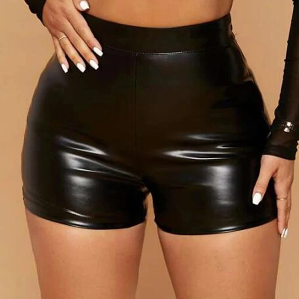 Women Sexy Shorts Wet Look Booty Shorts Patent Leather High Waist PU Leather Short Pants Mini- Short Party Clubwear