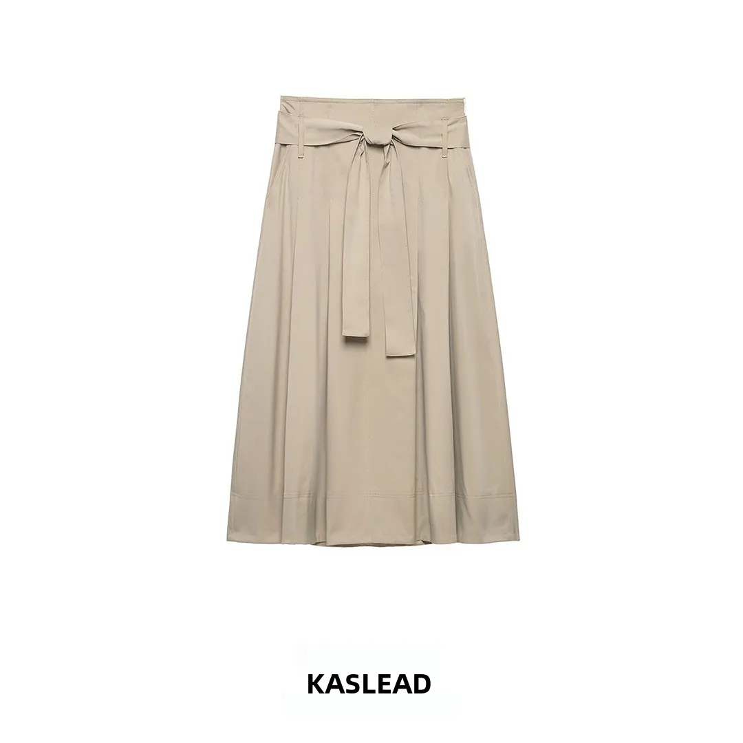KASLEAD New Women's Midi Skirt Belted Versatile mid Waist A-Line Loose Fit Polyester Fiber Autumn Season Ladies Skirt