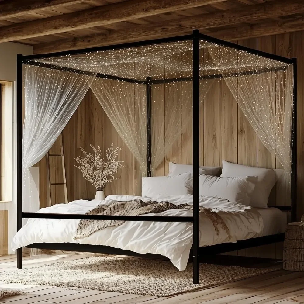 

King Metal Bed Frame, Canopy Bed King Size with Headboard, 4 Poster Black Mattress Frame, 550lbs Capacity, Contemporary Design