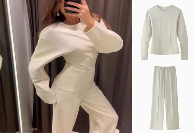

Women's Suit 2025 Spring New Women's Clothing Fashion Long Sleeve O-neck Pleated Top Double-Sided Fabric Office Top Casual Pants