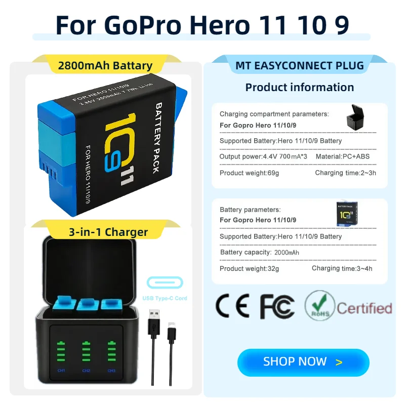 Литий-ионная аккумуляторная батарея емкостью 2800 мАч для камеры GoPro Hero 11/10/9, сменный аккумулятор, совместимый с Hero9 Hero10 Hero11 Литий-ионная аккумуляторная батарея емкостью 2800 мАч для камеры GoPro Hero 11/10/9, сменный аккумулятор, совместимый с Hero9 Hero10 Hero11