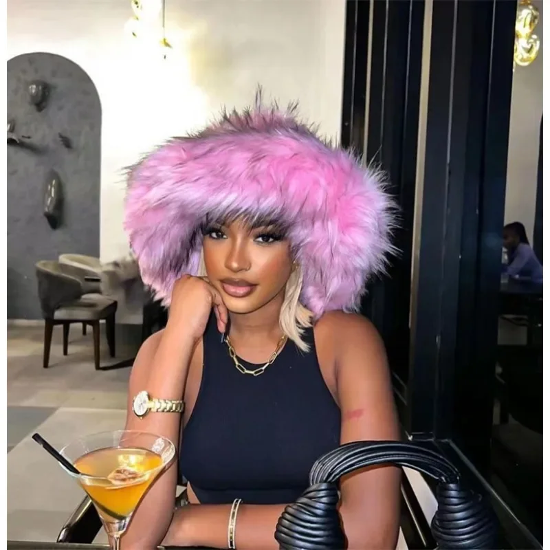 

2024 Winter Fluffy Faux Fur Bucket Hat Women Fashion Warm Furry Wide Brim Earflaps Hats Female Luxury Streetwear Fisherman Caps