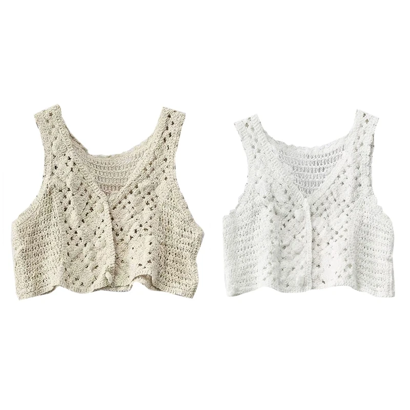 Women Crochet Knit Sleeveless Crop Top Vest Floral Lace Button Waistcoat for Jac Dropshipping