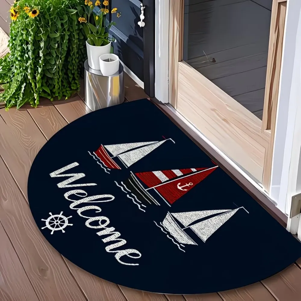 

Marine Style Half Round Door Mat Semicircle Entrance Rug Anti Slip Front Door Mat Half Moon Welcome Rug Sailboat Floor Mat